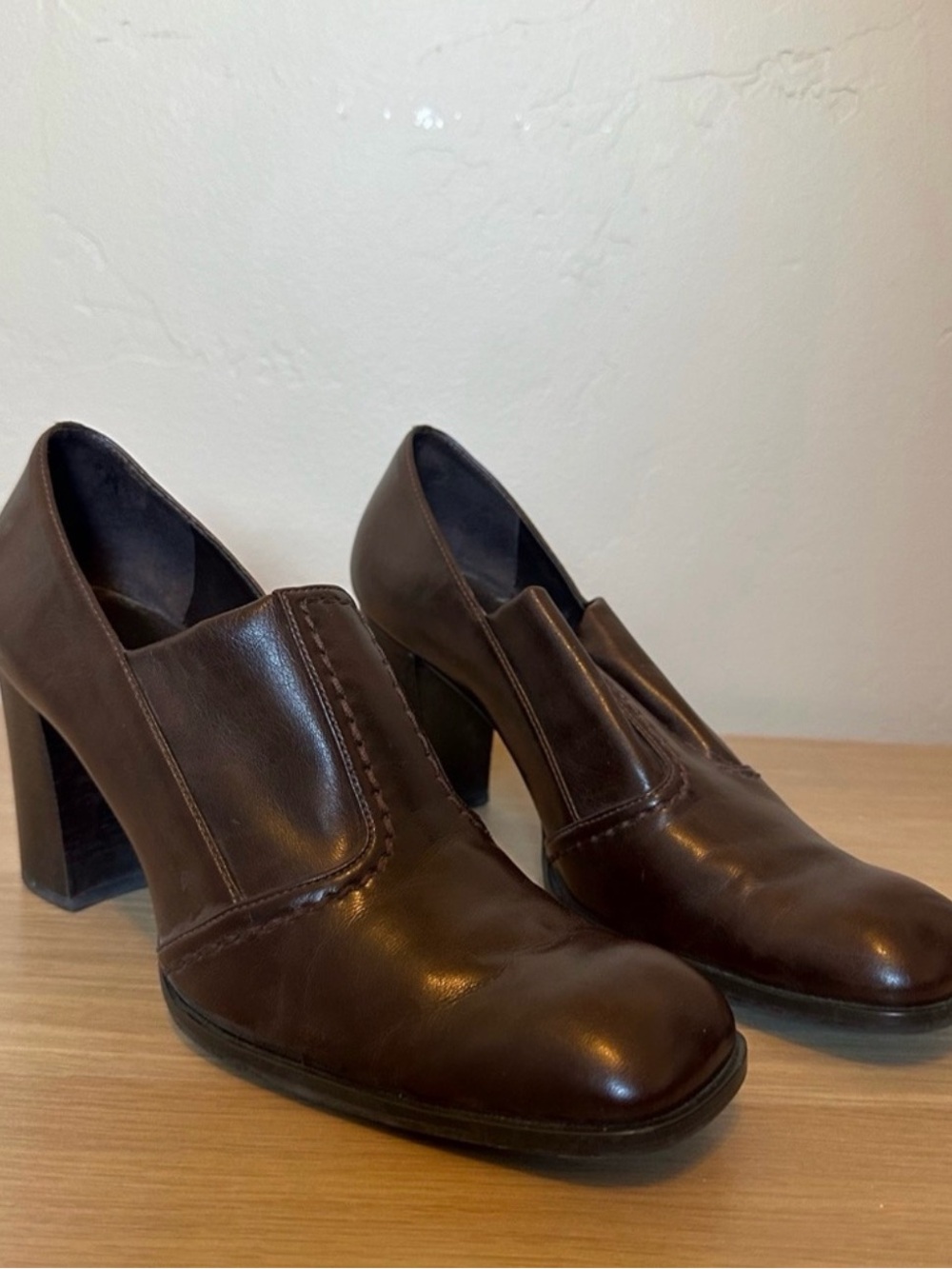 Franco Sarto Dark Brown Leather Block Heel Loafers
